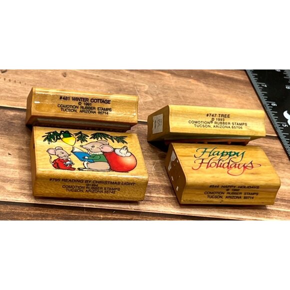 1980'S COMOTION LOT OF 4 HOLIDAY THEMED WOOD MOUNTED RUBBER STAMPS TEDDY HOLLY - Picture 2 of 6